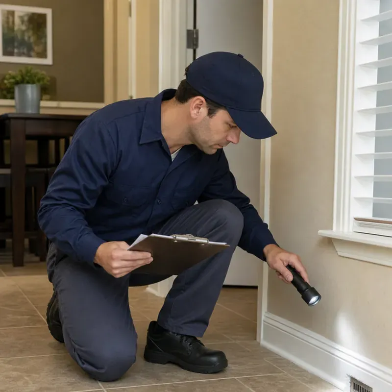 Pest control worker inspecting a seaford home