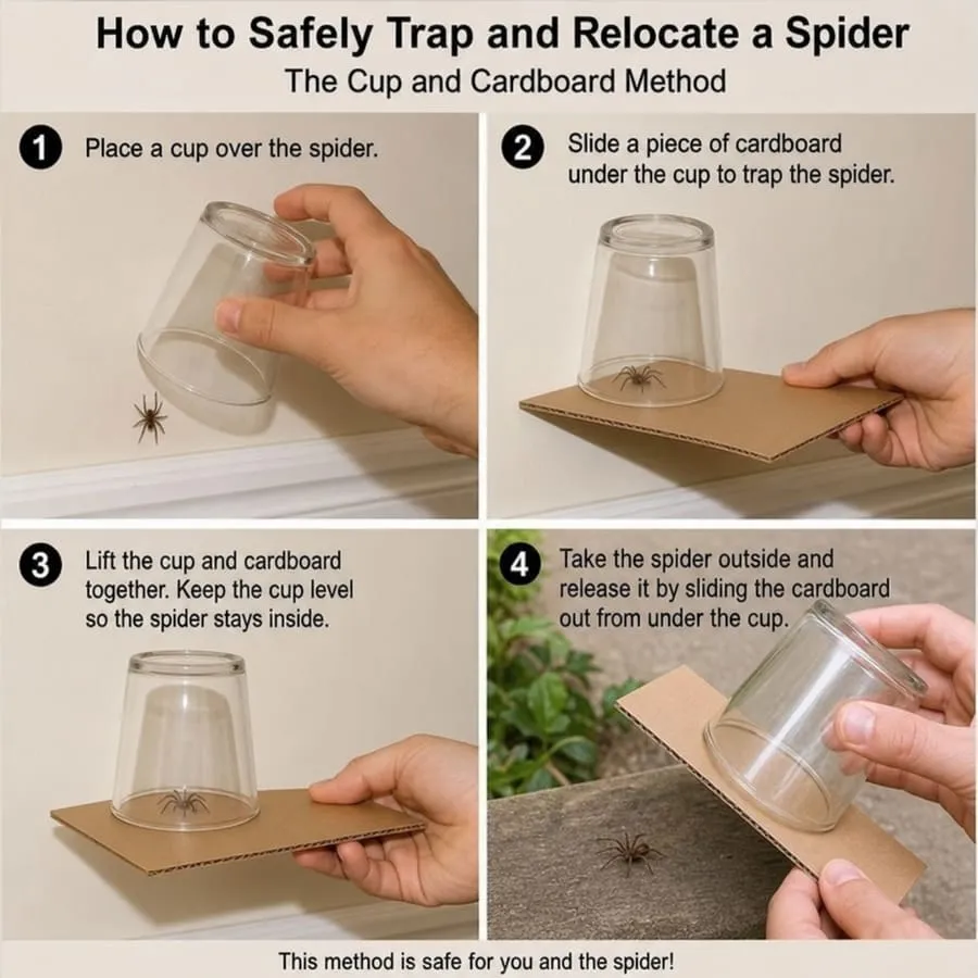 A person demonstrating the cup and cardboard method to safely trap and relocate a spider