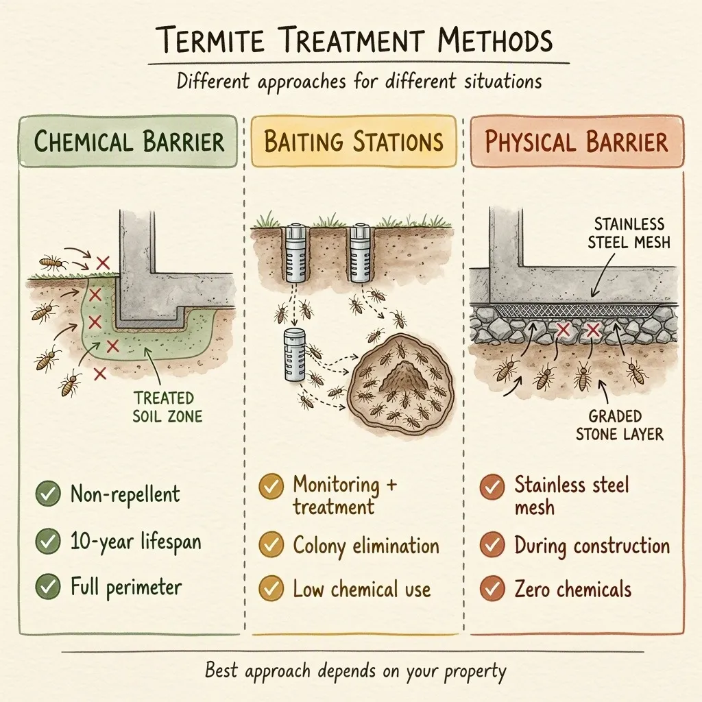 Comparison of chemical barrier, baiting stations and physical barrier termite treatment methods