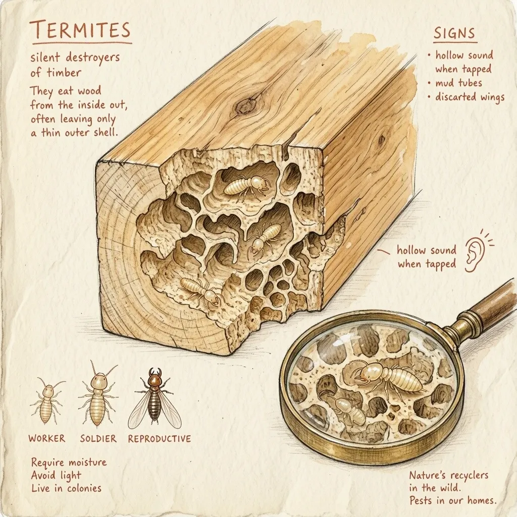 How termites silently destroy timber from the inside out, with warning signs and the worker, soldier and reproductive castes