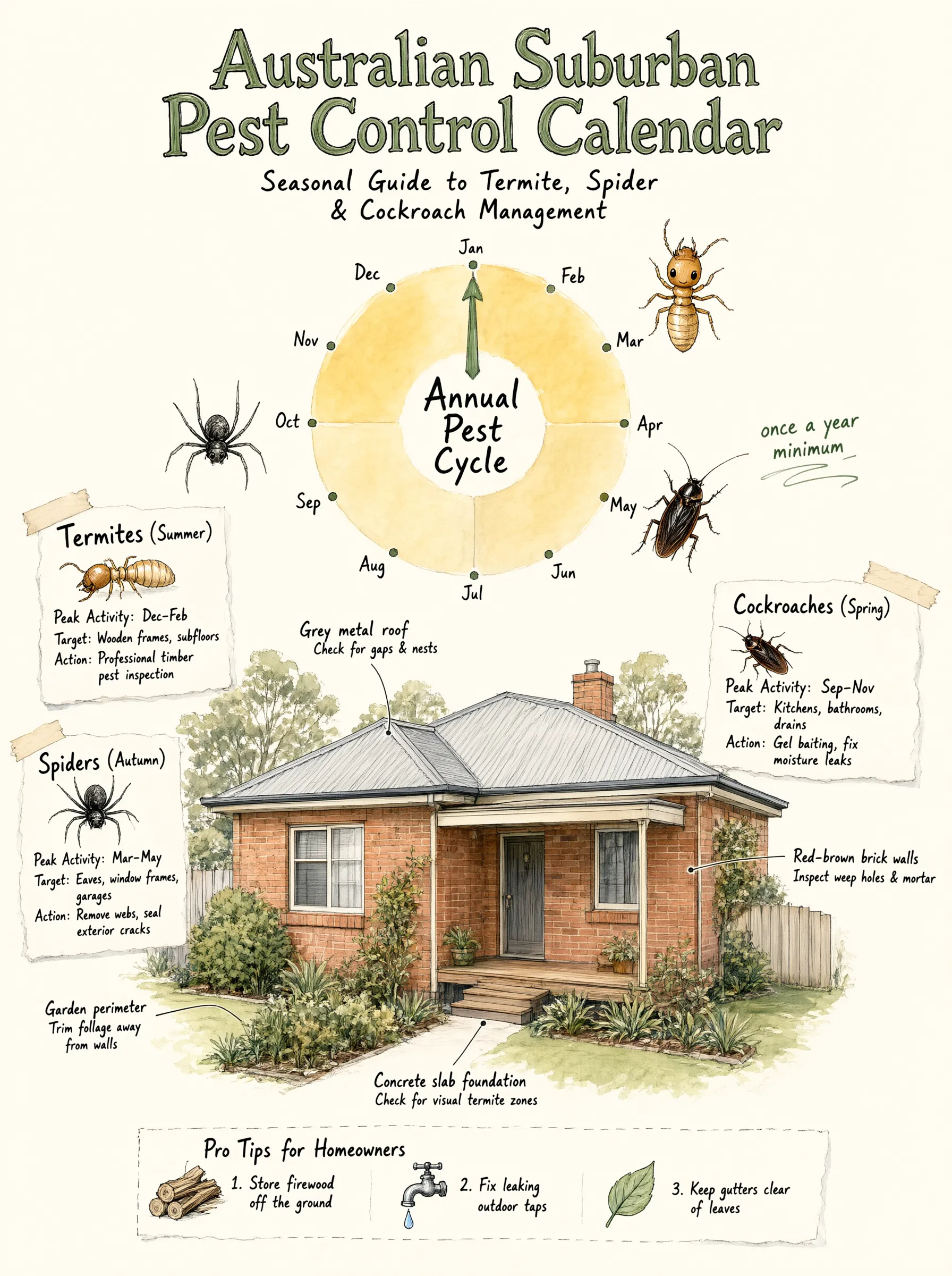 Seasonal guide to termite, spider and cockroach management for Australian suburbs across the year