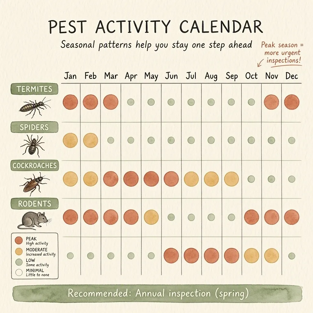 Pest activity calendar showing seasonal patterns month by month across the year for Adelaide pests