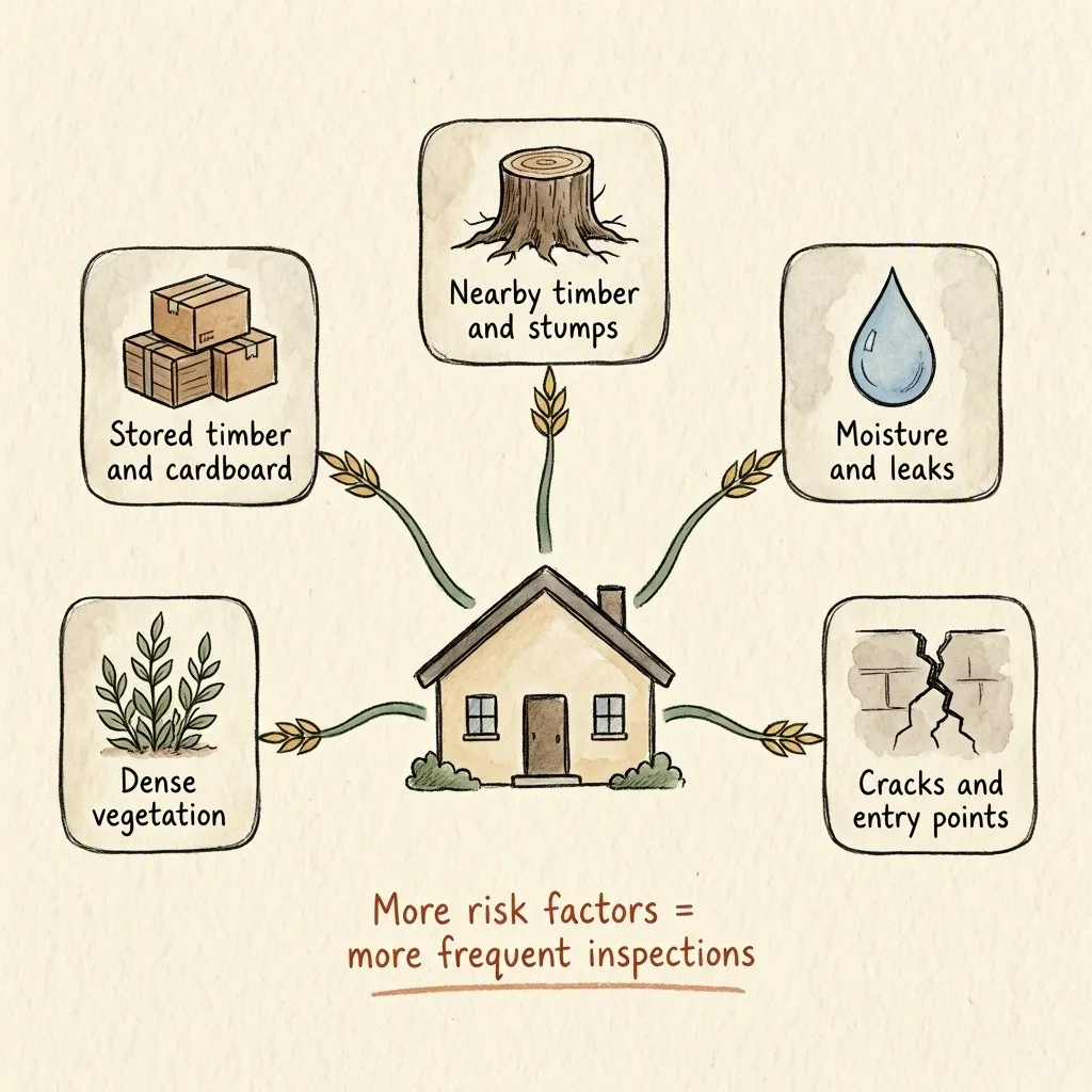 Common termite risk factors around Adelaide homes including nearby timber, stored cardboard, moisture, cracks and dense vegetation