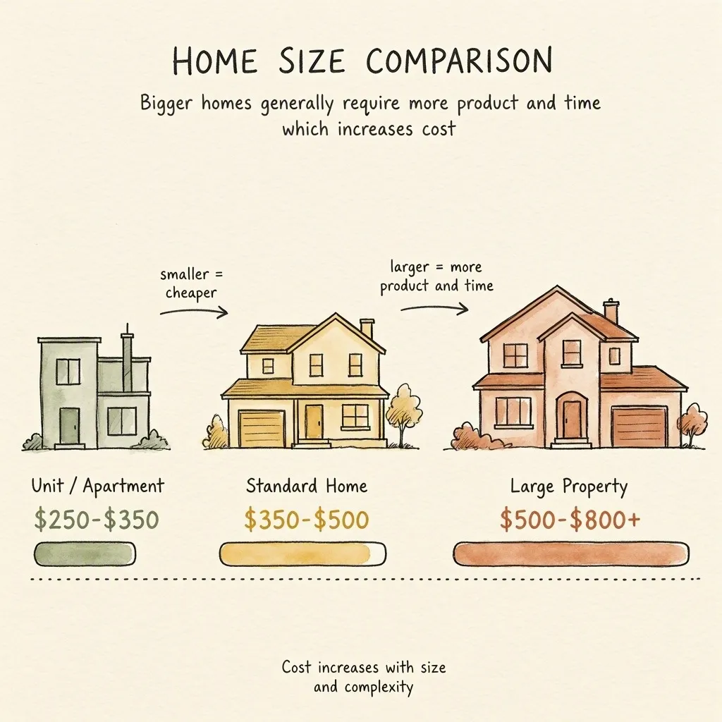Home size comparison showing termite inspection costs from $250 for a unit to $800+ for a large property