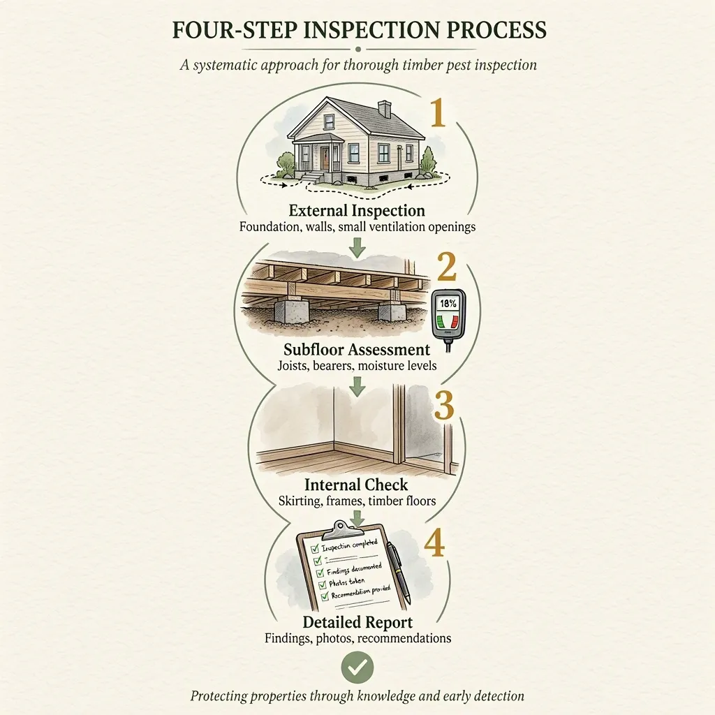 Four-step timber pest inspection process: external inspection, subfloor assessment, internal check and detailed report