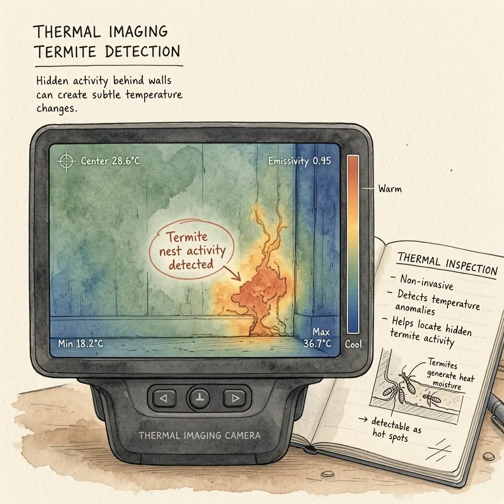 Thermal imaging camera detecting hidden termite activity behind walls via temperature differences