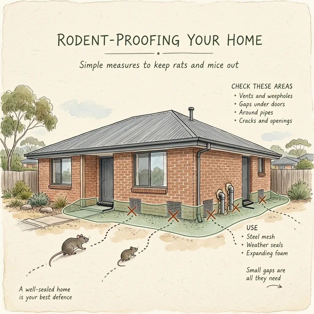 Rodent-proofing checklist for an Adelaide home: vents and weepholes, gaps under doors, pipe penetrations and cracks, sealed with steel mesh, weather seals and expanding foam