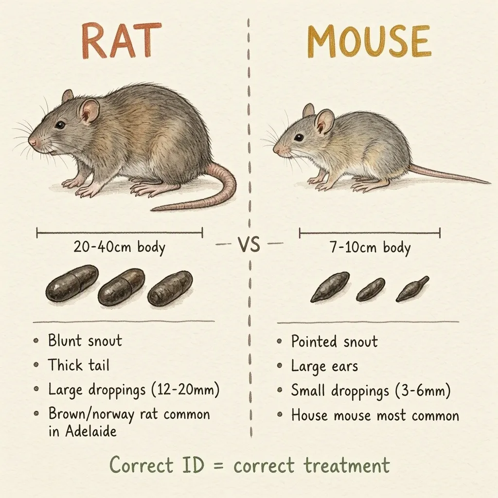 Rat and mouse comparison chart showing body size, head and snout shape, tail length and dropping shape