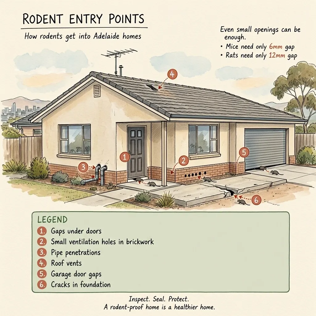 Diagram of rodent entry points in an Adelaide home: gaps under doors, ventilation holes in brickwork, pipe penetrations, roof vents, garage door gaps and foundation cracks