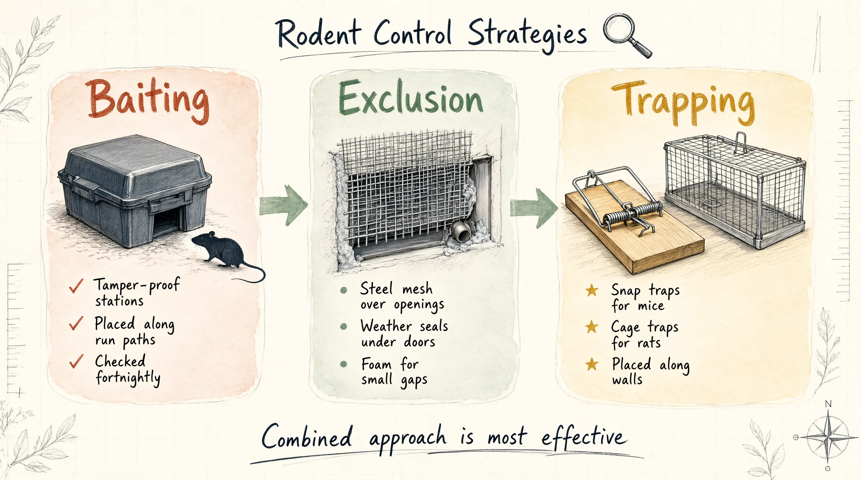 Rodent control strategies infographic: exclusion, trapping, tamper-proof stations, steel mesh over openings, snap traps for mice and weather seals