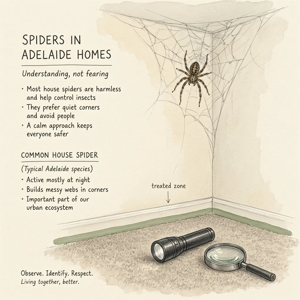 Infographic: spiders in Adelaide homes — most house spiders are harmless, prefer quiet corners, and a treated zone marked along the skirting board