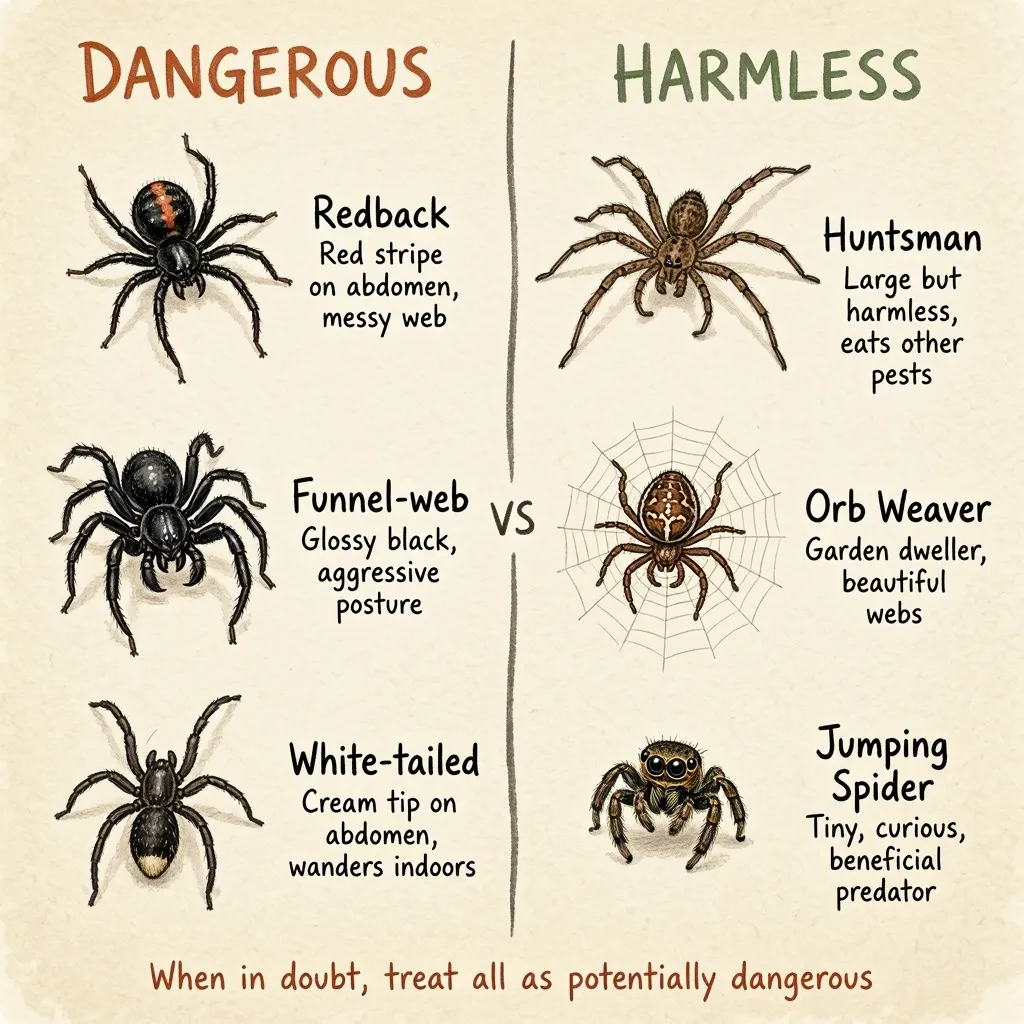 Spider identification chart comparing dangerous spiders (redback, funnel-web, white-tailed) with harmless spiders (huntsman, orb weaver, jumping spider)