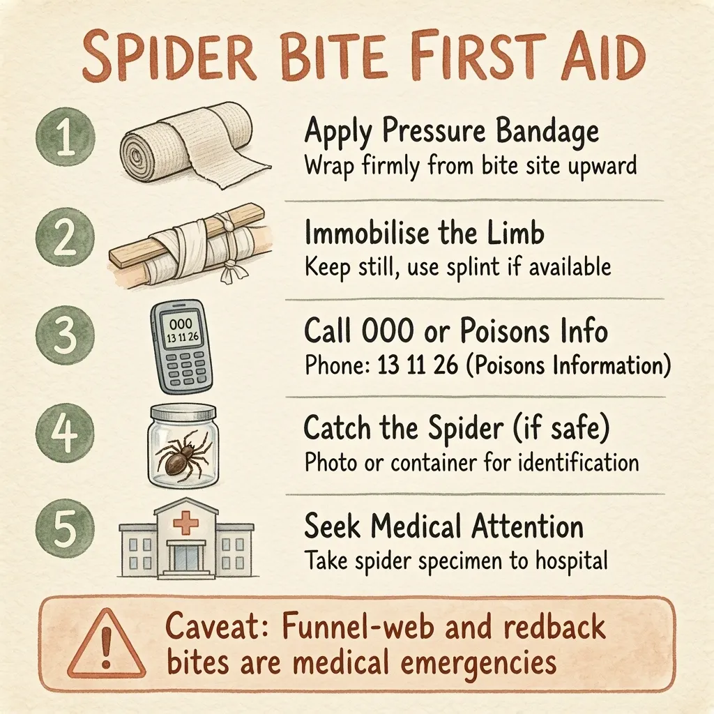 Spider bite first aid infographic: apply a pressure bandage, immobilise the limb, call 000 or Poisons Info on 13 11 26, catch the spider if safe, and seek medical attention
