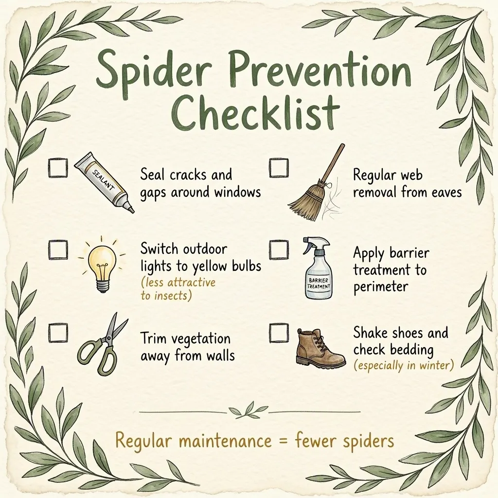 Spider prevention checklist infographic: sealing cracks and gaps around windows, regular web removal from eaves, yellow outdoor lights, perimeter barrier treatment, trimming vegetation and shaking out shoes and bedding