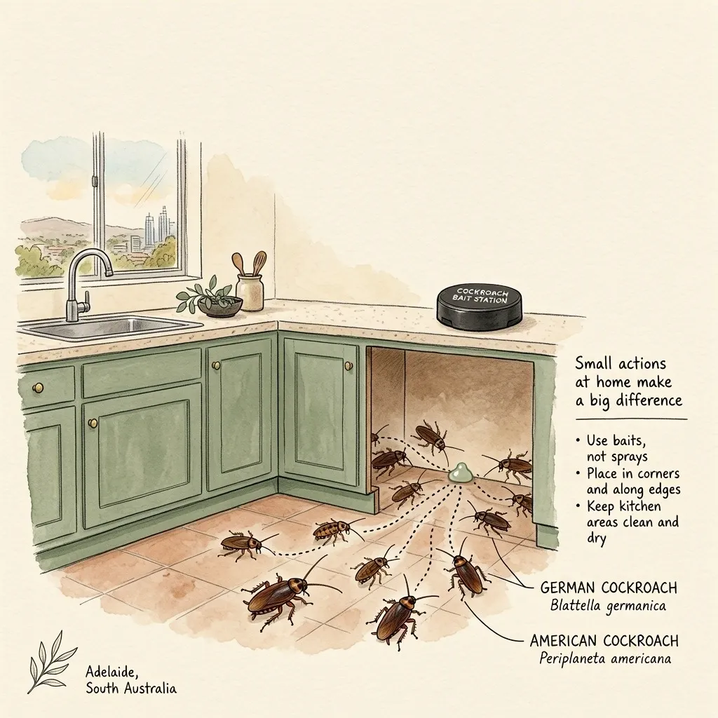 Cockroach prevention infographic: use baits instead of sprays, place them in corners and along edges, keep kitchen areas clean, plus identification of German and American cockroaches
