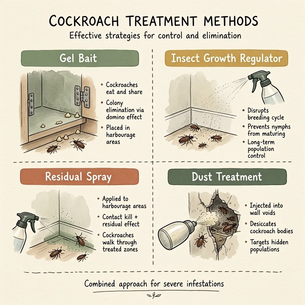 Cockroach treatment methods infographic: gel bait that cockroaches share to eliminate the colony by domino effect, and an insect growth regulator that disrupts the breeding cycle