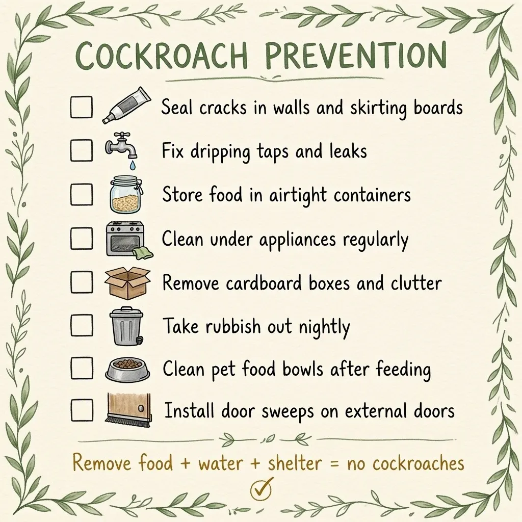 Cockroach prevention checklist infographic: sealing cracks in walls and skirting boards, fixing leaks, airtight food storage, cleaning under appliances, removing clutter and cardboard, nightly rubbish removal, clean pet bowls and door sweeps