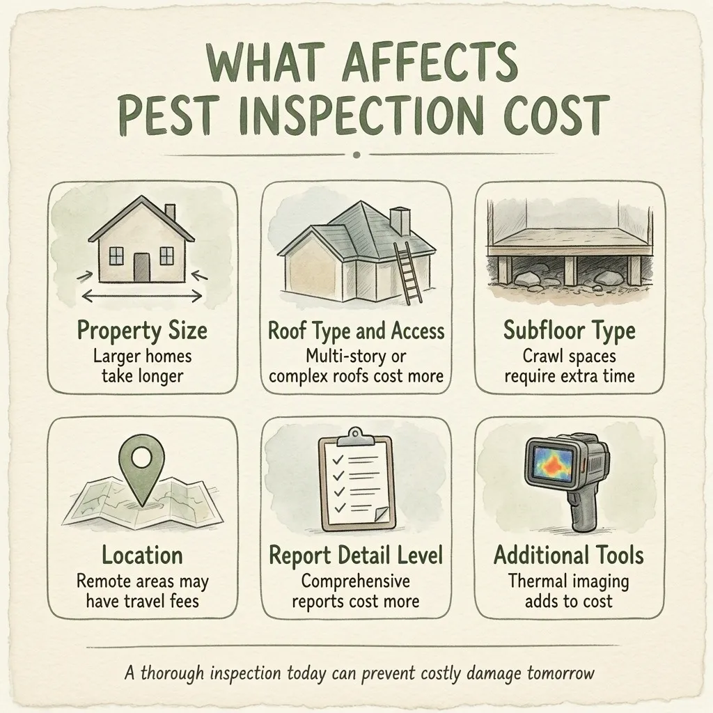 Factors that affect pest inspection cost: property size, roof type and access, subfloor type, location, report detail level and additional tools such as thermal imaging