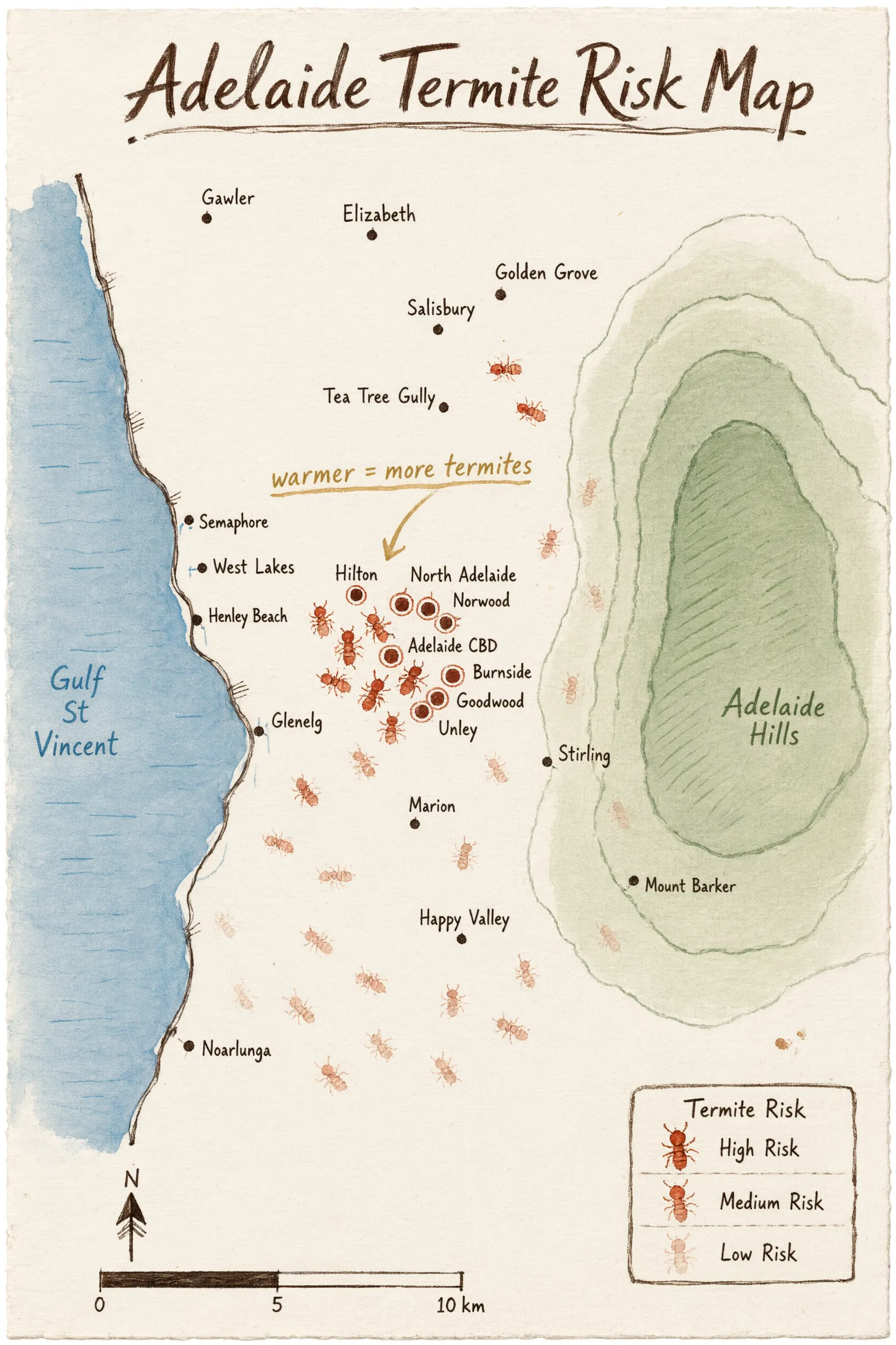Map showing termite risk levels across Adelaide suburbs, with warmer areas facing higher termite pressure