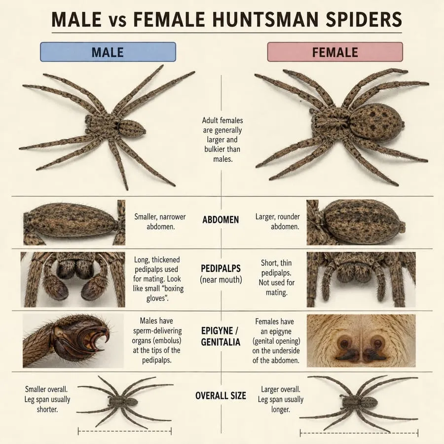 Comparison illustration showing the anatomical differences between male and female huntsman spiders