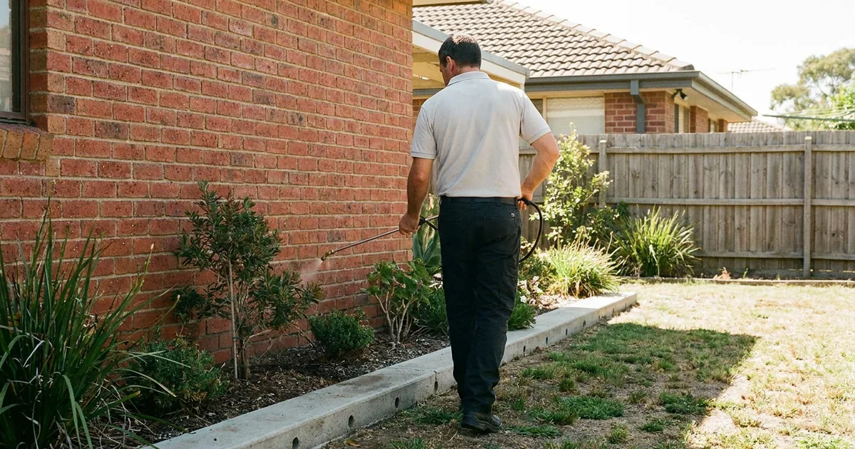 Pest control technician treating the base of an exterior brick wall at a southern Adelaide home