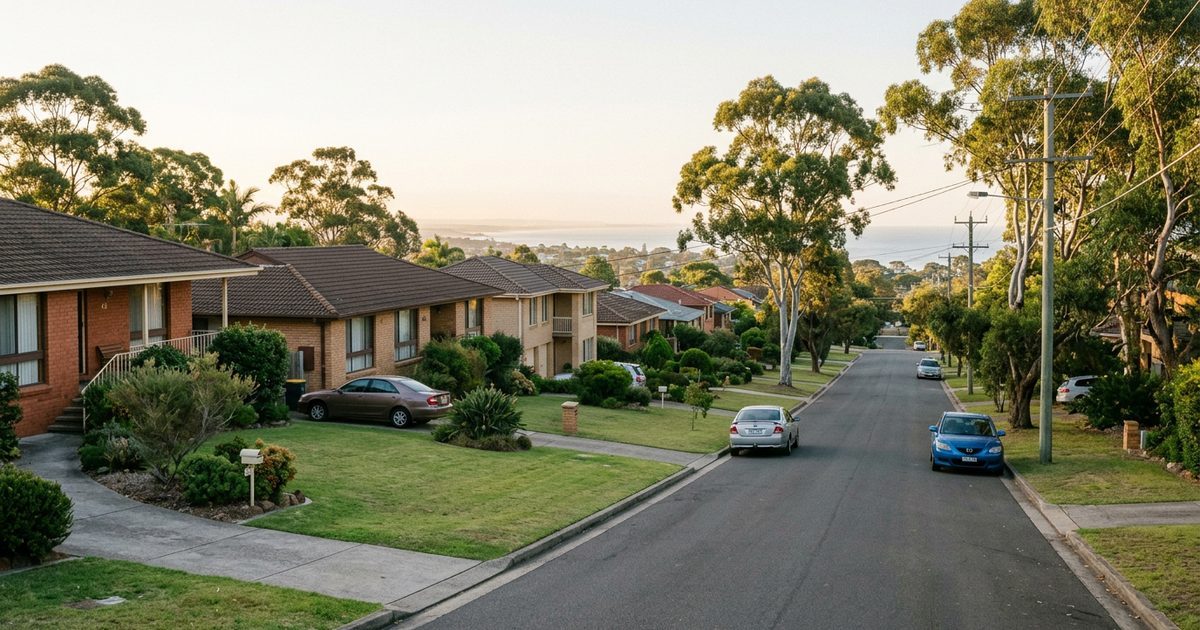 Elevated suburban street of brick-veneer homes looking down toward the coast, Sheidow Park SA 5158 — pest control service area for Mr Solution