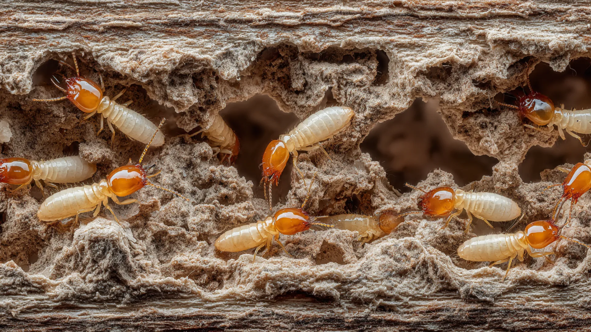 Close-up of termites damaging timber — termite inspection and treatment in Seaford, South Australia