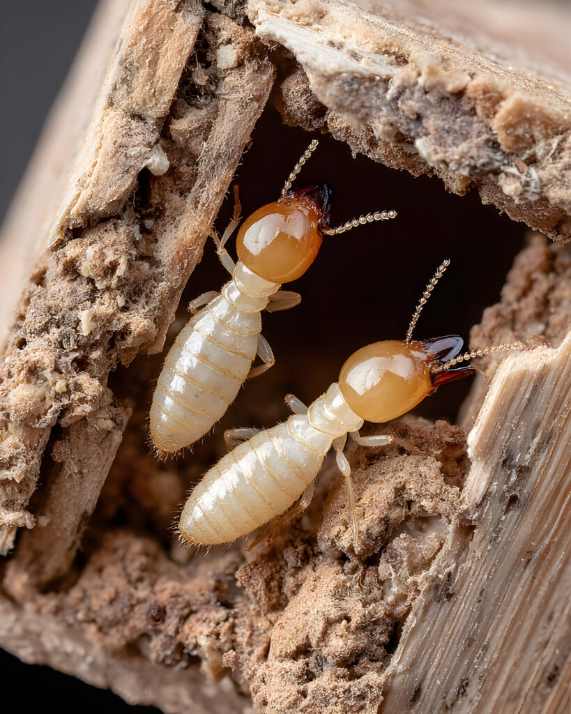 Close-up of termites in damaged wood — termite treatment service by Mr Solution Pest Control